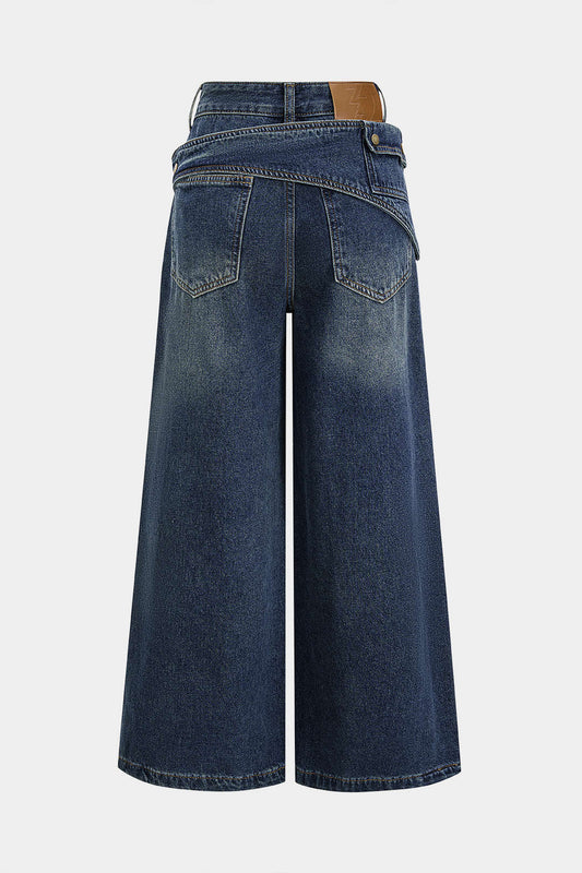 Denim Asymmetrical Wide Leg Jeans DARK WASH BLUE