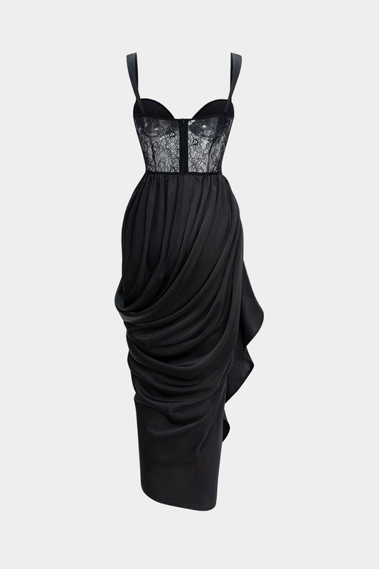 NOCTARA | LACE CORSET DRAPED DRESS BLACK