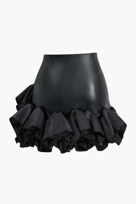 Faux Leather Ruffle Mini Skirt BLACK