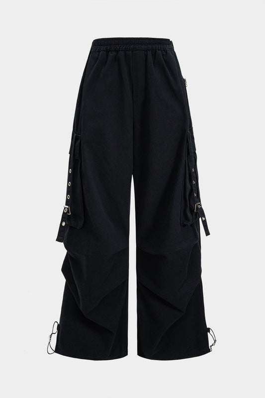 Denim Patchwork Ring Pocket Asymmetrical Washed Jeans BLACK