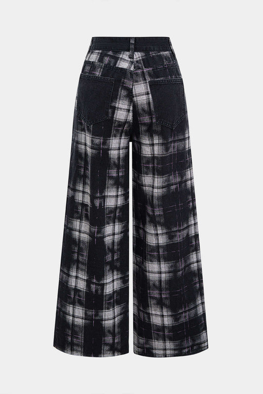 Plaid Print Denim Patchwork Zipper Straight Leg Jeans BLACK
