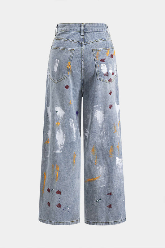 Denim Washed Straight Leg Wide Leg Jeans LIGHT WASH BLUE