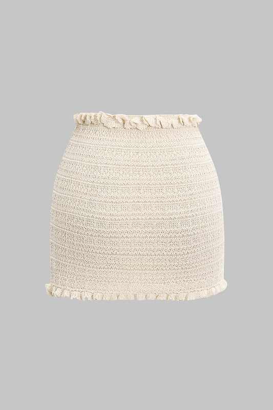 Knit Ribbed Ruffle Mini Skirt BEIGE