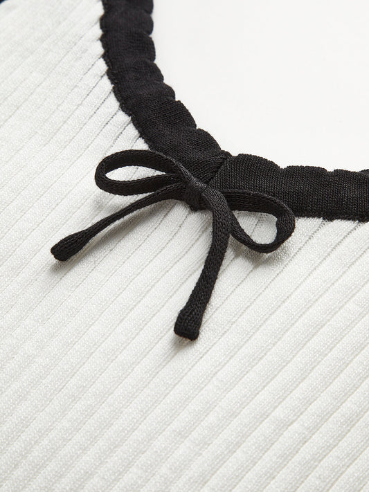 Contrast Trim Bow Crop Sweater Vest White