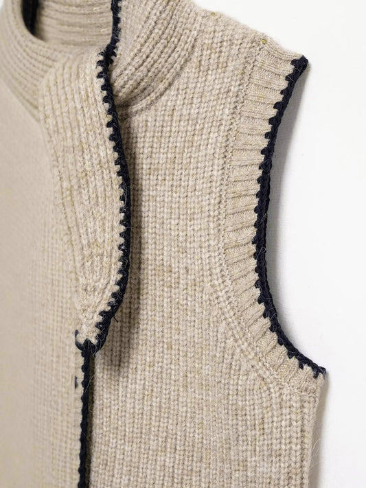 Tie Neck Contrast Trim Button Sweater Vest Khaki