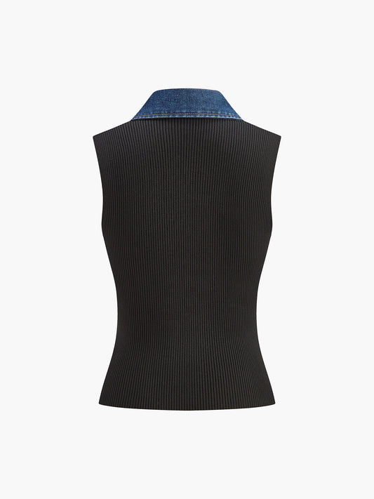 Denim Collar Ribbed Sleeveless Top Black