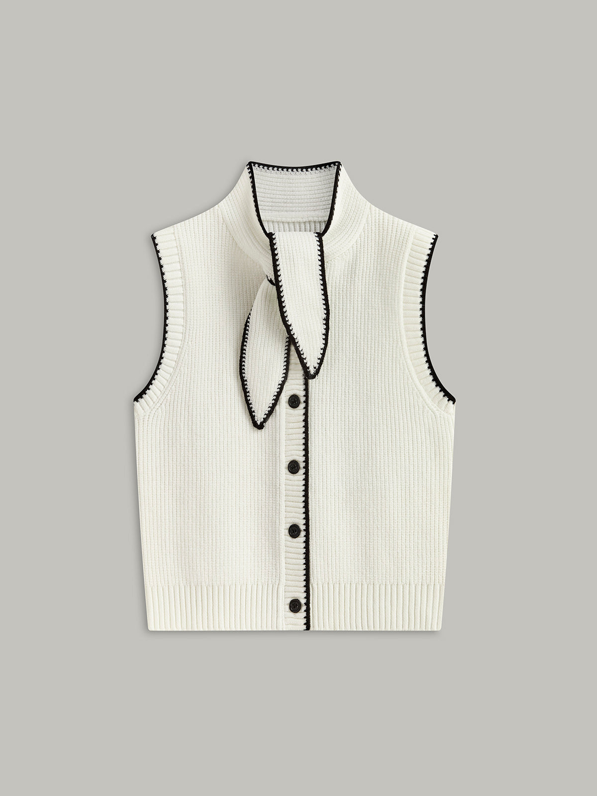 Tie Neck Contrast Trim Button Sweater Vest White