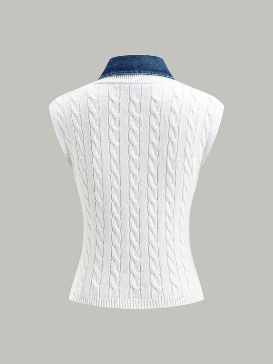 Cotton Denim Collar Knit Top White