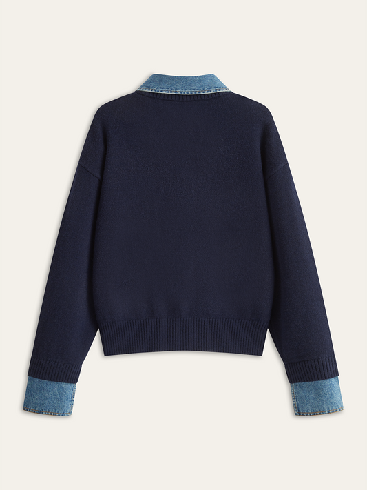 Denim Collar Buttoned Sweater Blue