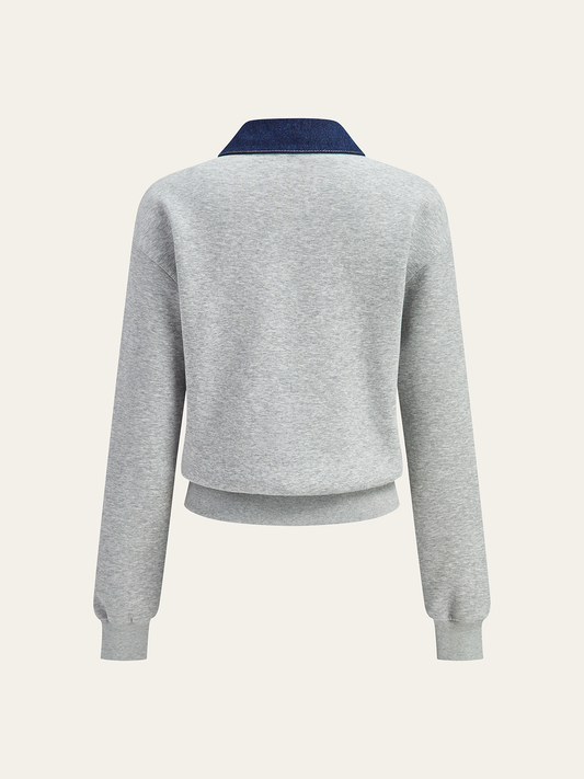 Denim Collar Metal Button Polo Sweatshirt Grey