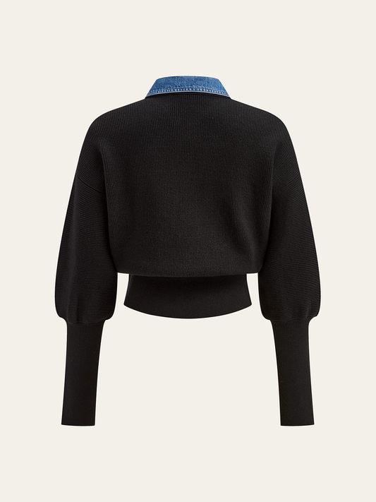 ARLETTE | BLACK KNIT CARDIGAN X DENIM COLLAR