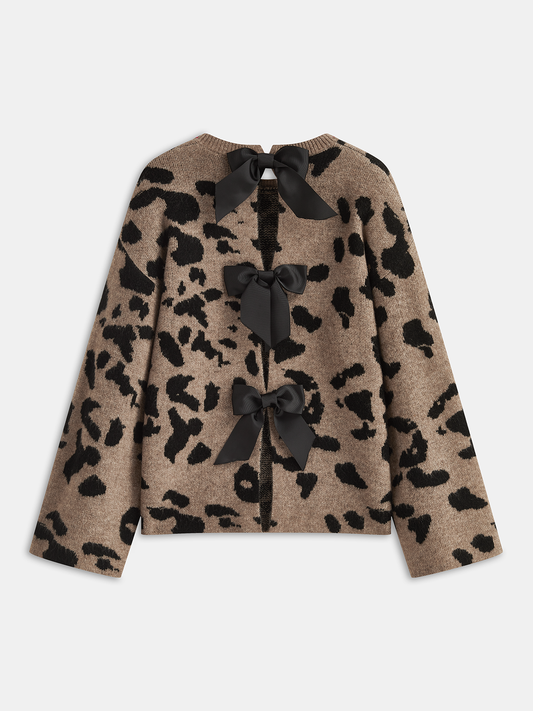 Bow Detail Leopard Print Knit Sweater Camel