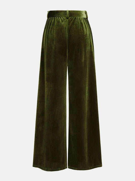 Belted Pleated Velvet Wide-Leg Pants Green