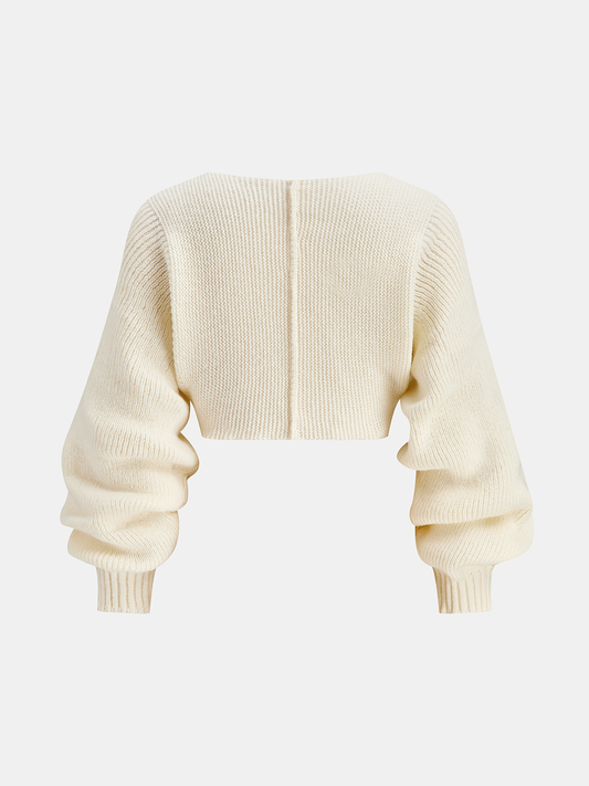 V-Neck Long-Sleeve Cropped Sweater Off-White