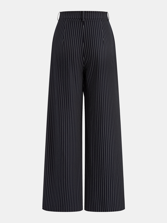 Wide-Leg Pinstriped Asymmetric Placket Pants Navy