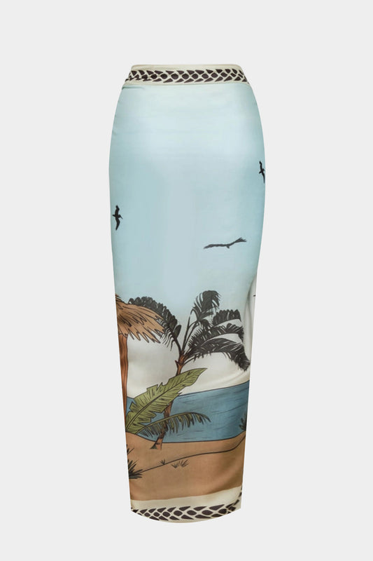 Coconut Palm Print Chiffon Tie Front Skirt MULTICOLOR