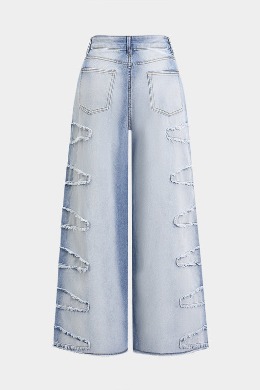 Denim Zipper Frayed Wide Leg Jeans LIGHT WASH BLUE