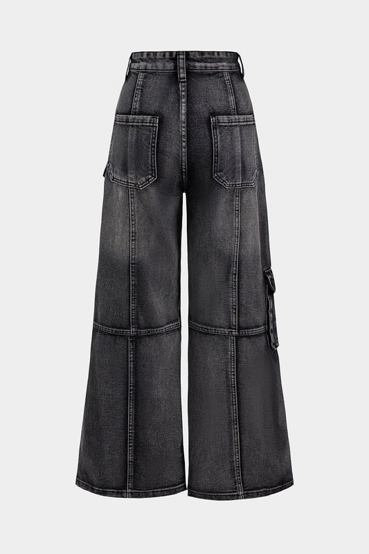 Denim Button Pocket Zipper Wide Leg Jeans BLACK