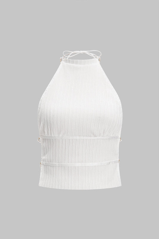 Backless Pearl Chain Halter Neck Sleeveless Tank Top And Skirt Set WHITE