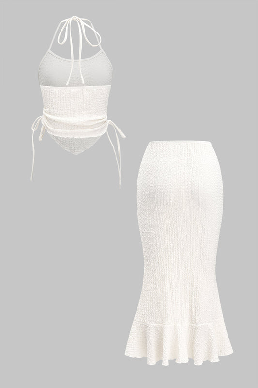 Textured Halter Neck Ruched Tank Top And Asymmetrical Ruffle Skirt Set WHITE