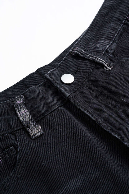 Plaid Print Denim Patchwork Zipper Straight Leg Jeans BLACK