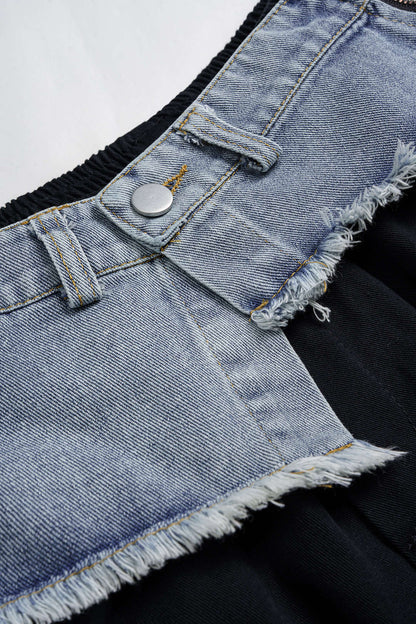 Denim Patchwork Ring Pocket Asymmetrical Washed Jeans BLACK