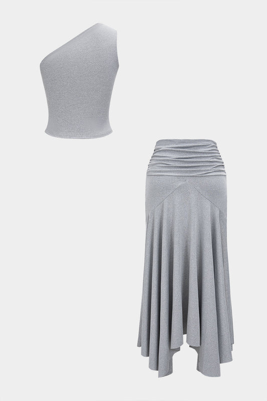 Knotted Asymmetrical Top And Skirt Set GRAY