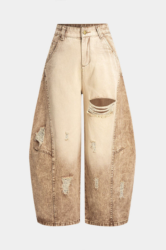 Denim Ripped Washed Wide Leg Pocket Barrel Jeans KHAKI