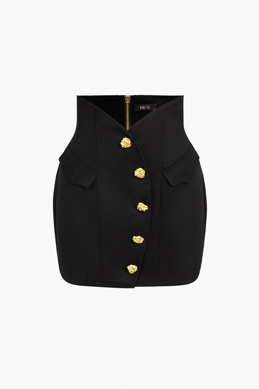 Solid Button Mini Skirt BLACK