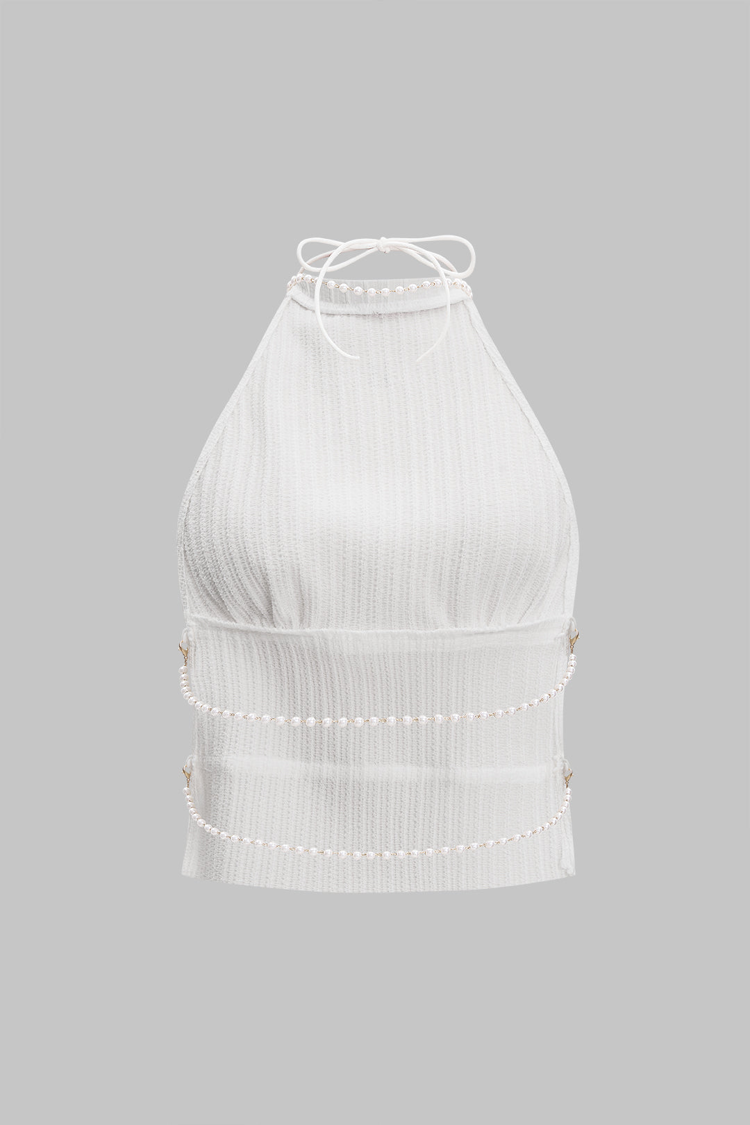 Backless Pearl Chain Halter Neck Sleeveless Tank Top And Skirt Set WHITE
