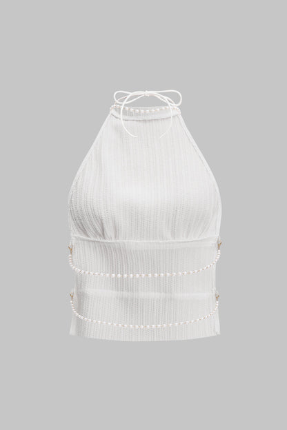 Backless Pearl Chain Halter Neck Sleeveless Tank Top And Skirt Set WHITE