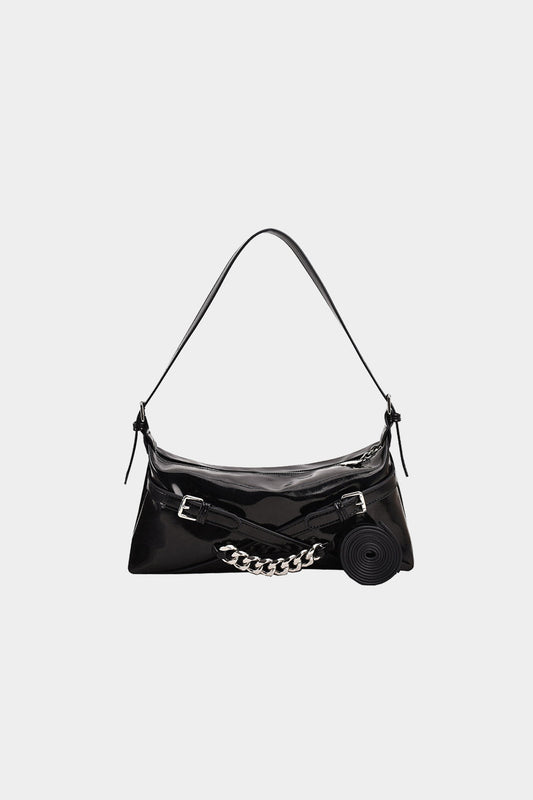 Faux Leather Metallic Chain Shoulder Bag BLACK ONE SIZE