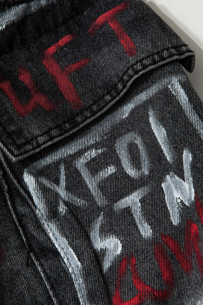 Graffiti Flap Pocket Denim Mini Skirt DIM GRAY