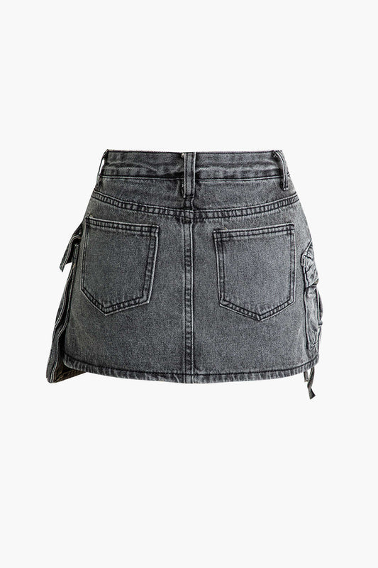 Graffiti Flap Pocket Denim Mini Skirt DIM GRAY