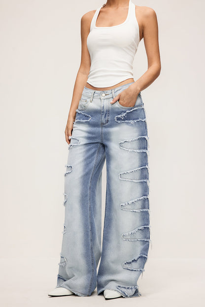 Denim Zipper Frayed Wide Leg Jeans LIGHT WASH BLUE