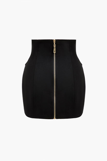 Solid Button Mini Skirt BLACK
