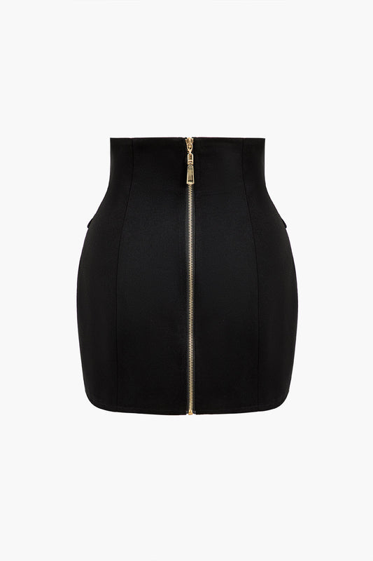 Solid Button Mini Skirt BLACK