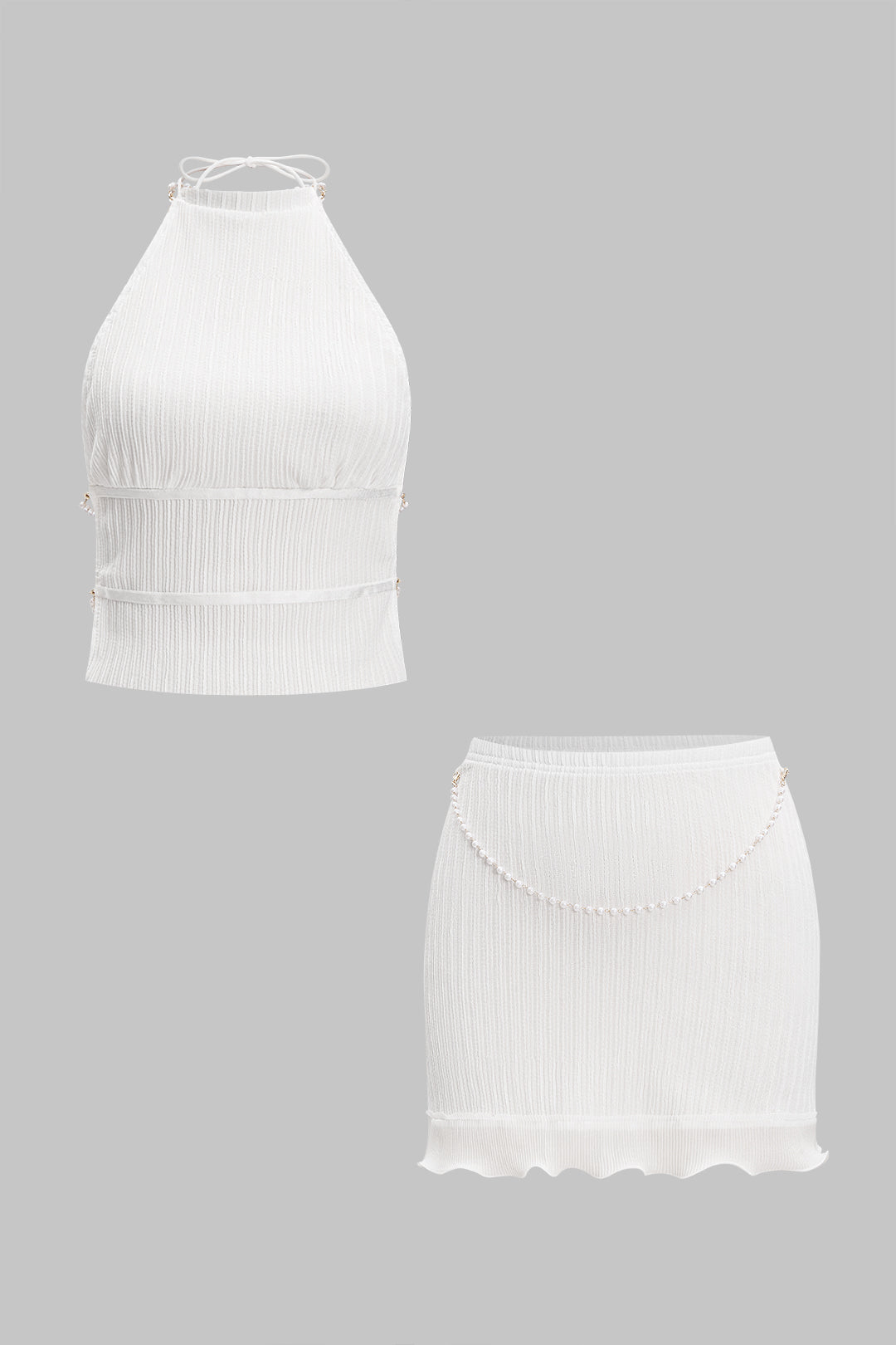 Backless Pearl Chain Halter Neck Sleeveless Tank Top And Skirt Set WHITE