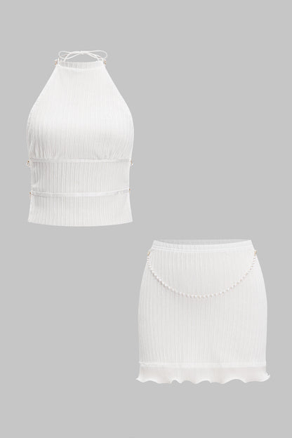 Backless Pearl Chain Halter Neck Sleeveless Tank Top And Skirt Set WHITE
