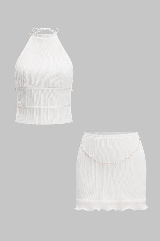 Backless Pearl Chain Halter Neck Sleeveless Tank Top And Skirt Set WHITE