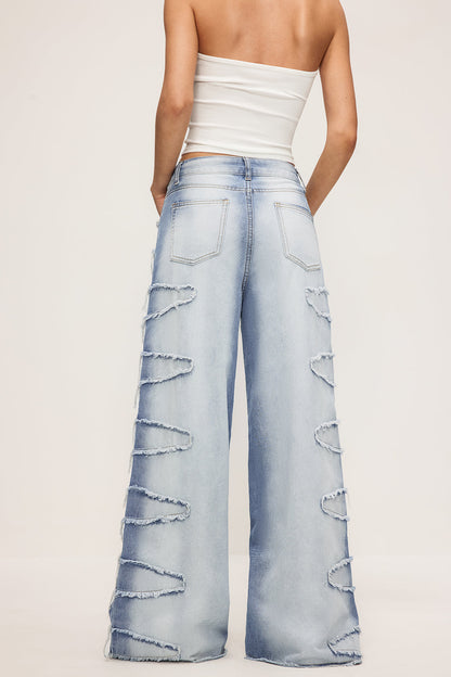 Denim Zipper Frayed Wide Leg Jeans LIGHT WASH BLUE