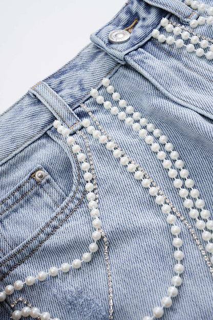 ISALINE | PEARL CHAIN DENIM SHORTS