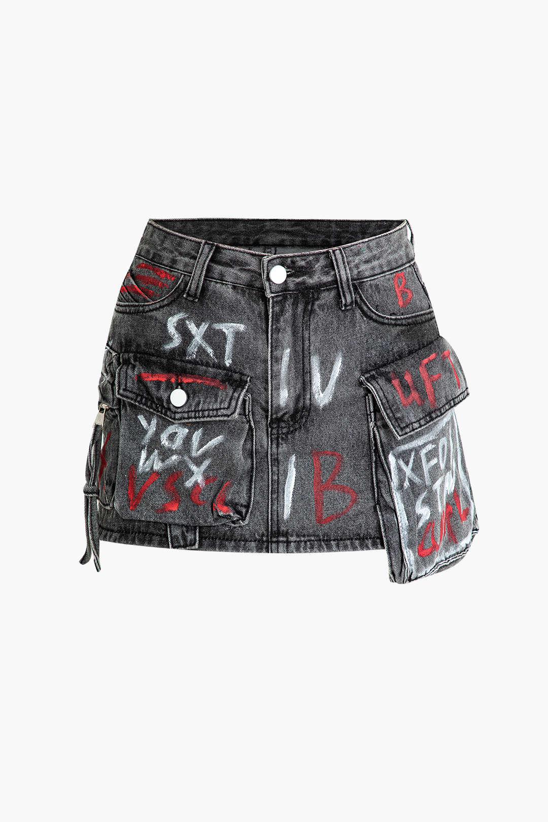 Graffiti Flap Pocket Denim Mini Skirt DIM GRAY