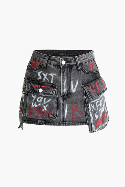 Graffiti Flap Pocket Denim Mini Skirt DIM GRAY