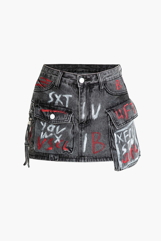 Graffiti Flap Pocket Denim Mini Skirt DIM GRAY