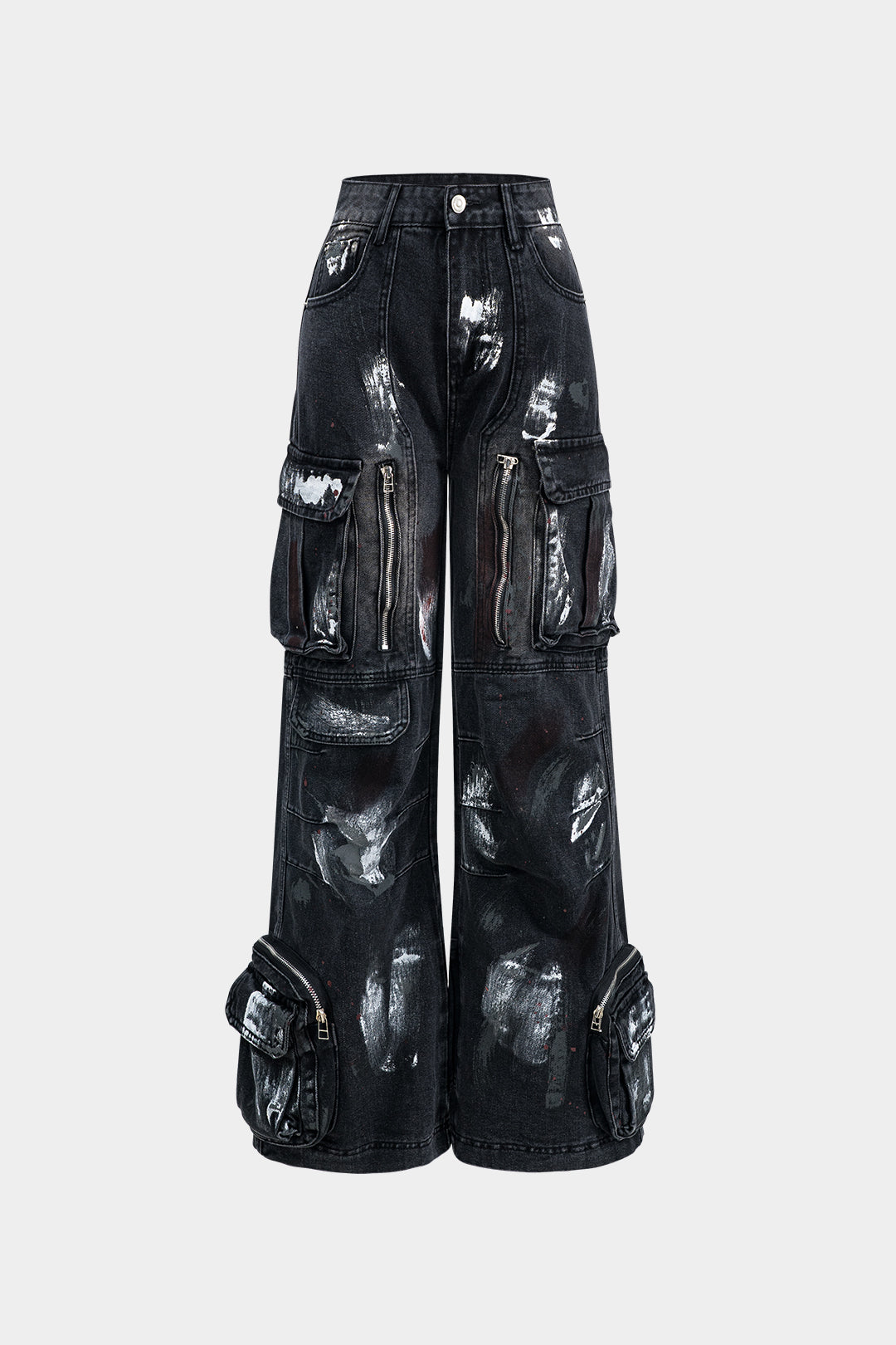 Graffiti Denim Washed Button Pocket Zipper Wide Leg Jeans BLACK