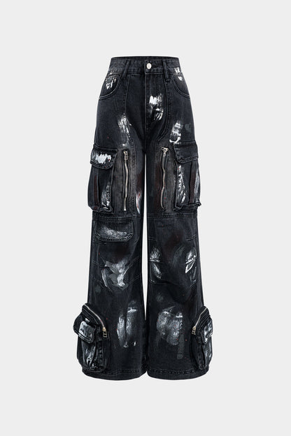 Graffiti Denim Washed Button Pocket Zipper Wide Leg Jeans BLACK