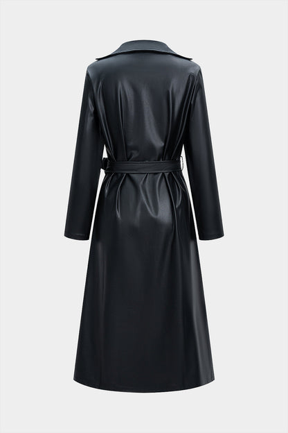 SERENA | BELTED FAUX LEATHER COAT BLACK