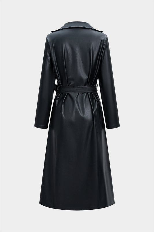 SERENA | BELTED FAUX LEATHER COAT BLACK