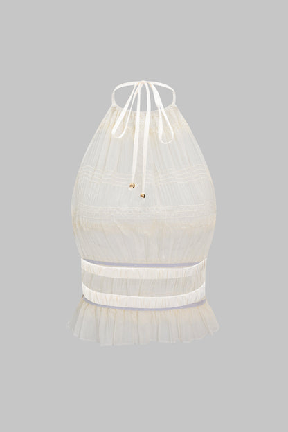 Chiffon Tie Front Backless Top And Skirt Set BEIGE S